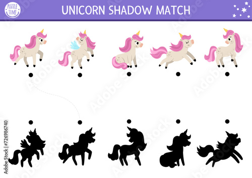 Leinwand Poster Unicorn shadow matching activity with cute horses with horns and pink mane