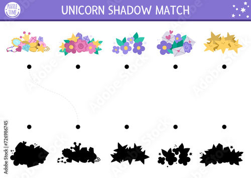 Unicorn shadow matching activity with treasures. Magic world puzzle with cute gem stone, crystal, flower, fallen stars. Find correct silhouette printable worksheet, game. Fairytale page for kids.