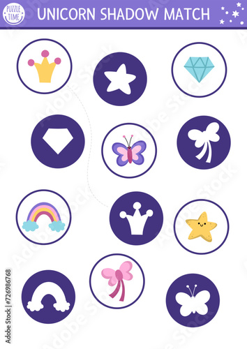 Unicorn shadow matching activity with rainbow, star, butterfly, crystal. Magic world puzzle with cute objects. Find correct silhouette printable worksheet, game. Fairytale page for kids.