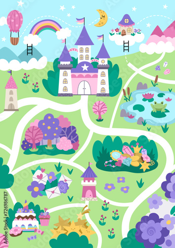 Fototapeta Naklejka Na Ścianę i Meble -  Unicorn village map. Fairytale background. Vector magic country scenes infographic elements with castle, rainbow, forest, pond, road. Fantasy world vertical plan with fallen stars, treasures.