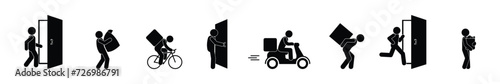 courier delivery icons set, stick figure man, isolated silhouettes of people, courier illustration