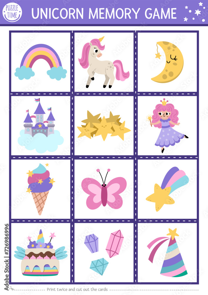 Vector unicorn memory game cards with cute rainbow, falling star, fairy. Magic, fantasy world matching activity. Remember and find correct card. Fairytale printable worksheet for kids. Vector unicorn memory game cards with cute rainbow, falling star, fairy. Magic, fantasy world matching activity. Remember and find correct card. Fairytale printable worksheet for kids.