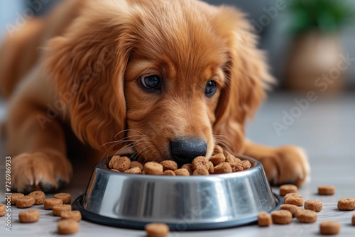 Cute golden retriever dog next to a bowl of dog food. Sad dog, does not want to eat, is sick, or the food is not suitable