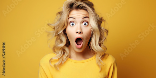 Surprised, shocking, excited young woman with her mouth open on a yellow background. ?opy space for text