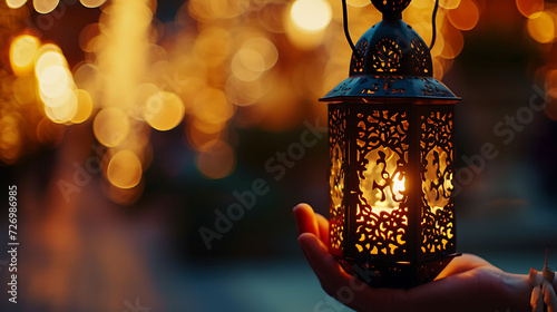 Muslim man holding arabic lantern, Ramadan kareem background