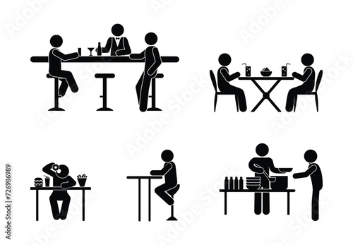 set of illustrations of cafe, bar, people eating in restaurant, stick figure man icon