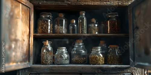 Fototapeta Naklejka Na Ścianę i Meble -  Vintage cabinet with assorted bottles of spices. rustic kitchen scene with herbal ingredients. atmospheric old pantry with glass jars. AI