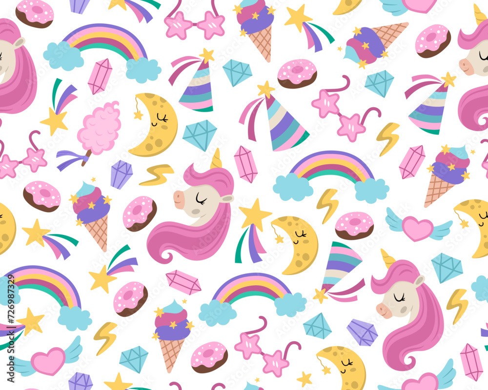 Vector seamless pattern for unicorn birthday party. Repeat background with falling star, crystal, sunglasses, doughnut, rainbow, sweets. Fantasy world or fairytale digital paper. Vector seamless pattern for unicorn birthday party. Repeat background with falling star, crystal, sunglasses, doughnut, rainbow, sweets. Fantasy world or fairytale digital paper.