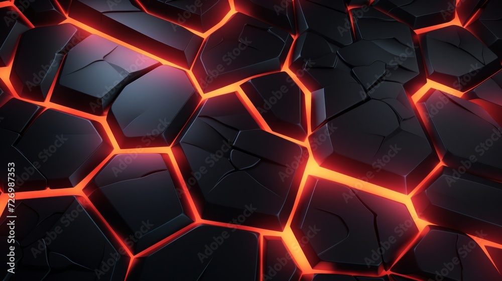 Abstract digital art of a dark hexagonal surface with glowing red lava cracks. Abstract digital art of a dark hexagonal surface with glowing red lava cracks.