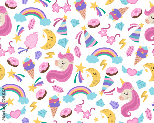 Vector seamless pattern for unicorn birthday party. Repeat background with falling star, crystal, sunglasses, doughnut, rainbow, sweets. Fantasy world or fairytale digital paper. © Lexi Claus