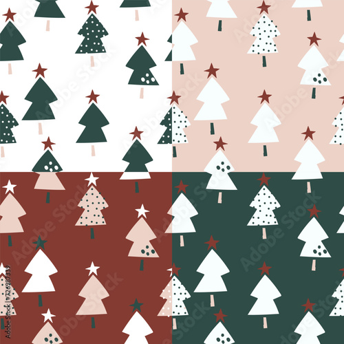 Set of four seamless winter pattern with Christmas tree. Creative collection of the holiday texture. Great for fabric  textile Vector Illustration