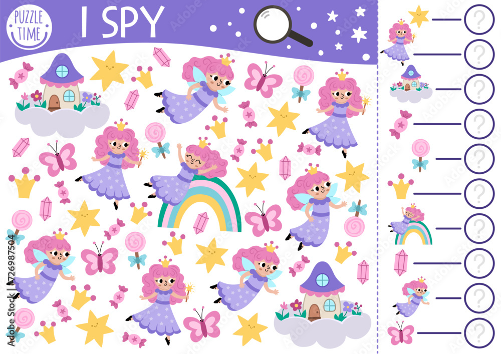 Unicorn I spy game for kids. Searching and counting activity with cute little fairy princess, rainbow, stars. Magic, fantasy world printable worksheet for preschool children. Fairytale spotting puzzle Unicorn I spy game for kids. Searching and counting activity with cute little fairy princess, rainbow, stars. Magic, fantasy world printable worksheet for preschool children. Fairytale spotting puzzle