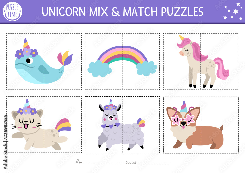 Vector unicorn mix and match puzzle with cute animals. Matching fairytale activity for preschool kids. Magic, fantasy world educational printable game with cat, corgi dog, llama, rainbow, narval.