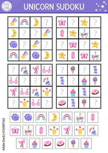 Vector unicorn sudoku puzzle for kids with pictures. Simple fairytale quiz with cut and glue elements. Education activity or coloring page with rainbow, crystal, falling star. Draw missing objects.