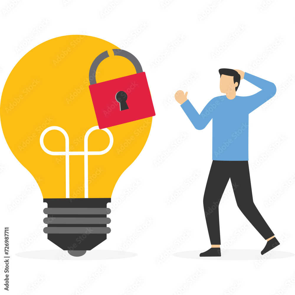 Intellectual property, patented protection, businessman owner standing with light bulb idea locked with padlock for patents.

