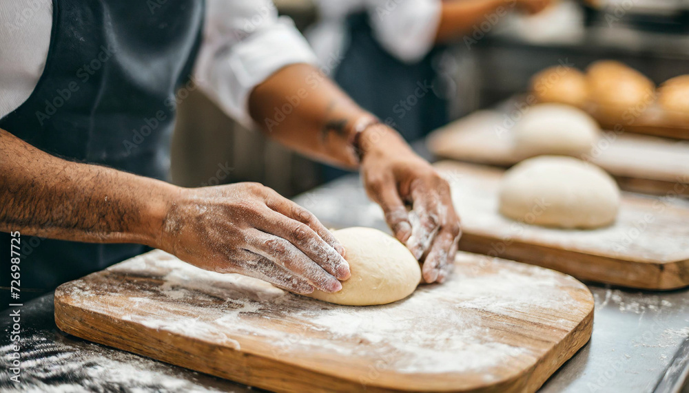 baker's hands expertly kneading dough in a bustling bakery, showcasing the artistry and dedication of the culinary craft
