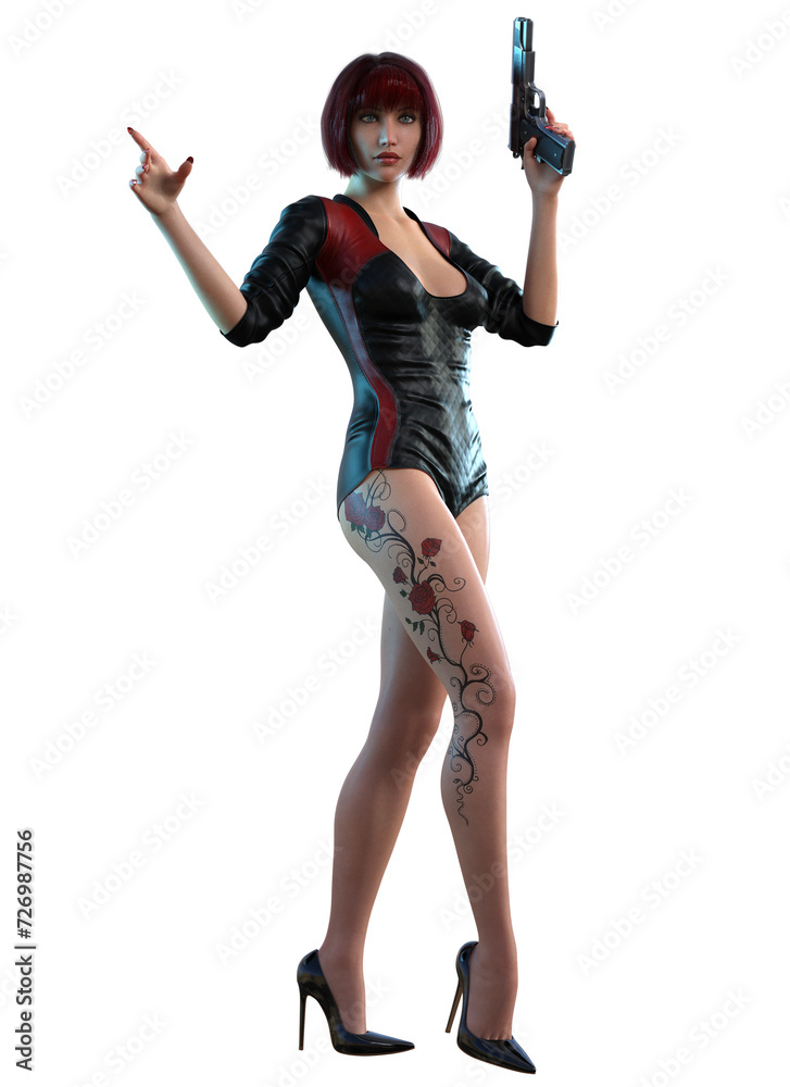 attractive futuristic woman armed with gun, white background, 3d rendering attractive futuristic woman armed with gun, white background, 3d rendering
