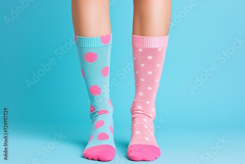 Two different mismatched socks on the feet on light blue background. Day of colorful socks. A day of weird socks versus bullying. Day of unpaired socks, awareness of Down syndrome.