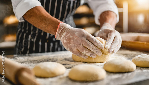 baker's hands expertly kneading dough in a bustling bakery, showcasing the artistry and dedication of the culinary craft