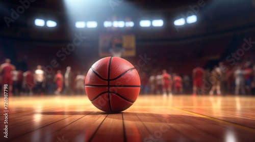 A focused shot of a basketball on a polished wooden court, with blurred players in the background.