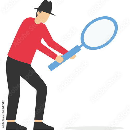 Search, discover, analyze report , curiosity guy detective holding huge magnifying glass and thinking about evidence and result.

