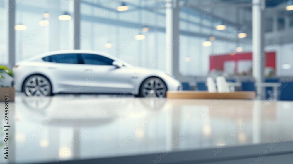 A white modern car in a blurry focus inside a contemporary automotive showroom. A white modern car in a blurry focus inside a contemporary automotive showroom.