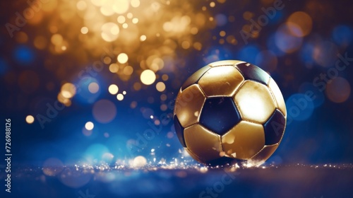 Golden soccer ball with sparkling effects on a dark background with bokeh lights.