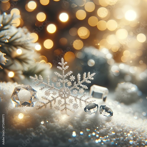 featuring snowflakes on snow, complemented by the bokeh of Christmas lights, capturing a real snowdrift and acrylic crystals scene