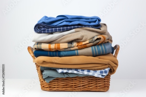 A neatly organized stack of colorful blankets in a wicker basket against a white background.