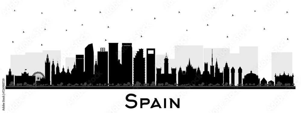 Obraz premium Spain city skyline silhouette with black buildings isolated on white. Modern and Historic Architecture. Spain Cityscape with Landmarks. Madrid. Barcelona. Valencia. Seville.