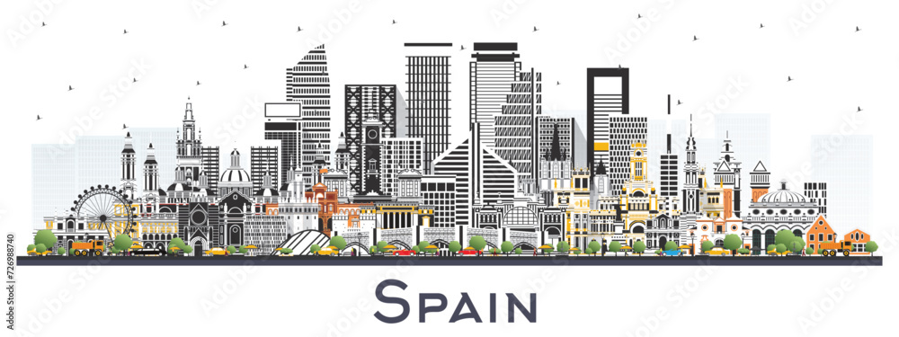 Spain city skyline with color buildings isolated on white. Modern and Historic Architecture. Spain Cityscape with Landmarks. Madrid. Barcelona. Valencia. Seville. Zaragoza.
