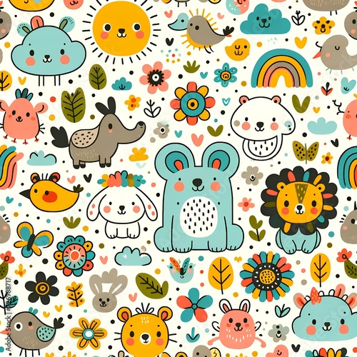 Create a cute vector cartoon illustration featuring a childish pattern of animals. The design should be whimsical and colorful, suitable for children