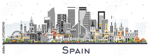 Spain city skyline with color buildings isolated on white. Modern and Historic Architecture. Spain Cityscape with Landmarks. Madrid. Barcelona. Valencia. Seville. Zaragoza.