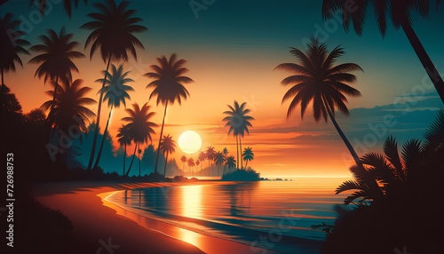 Sunny Beach Serenity  A tranquil tropical scene with palm trees silhouetted against a vibrant sunset over the serene ocean