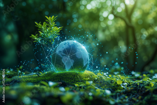 Green hologram globe on blurred natural forest background, ecosystem world, earth day, conservation  and healthy environment concept