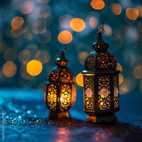 Ornamental Arabic lantern with burning candle glowing at night invitation for Muslim holy month Ramadan Kareem © Uzair