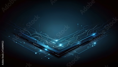 A dark blue abstract background with glowing geometric lines, forming a modern and shiny pattern. The design should convey a futuristic technology con