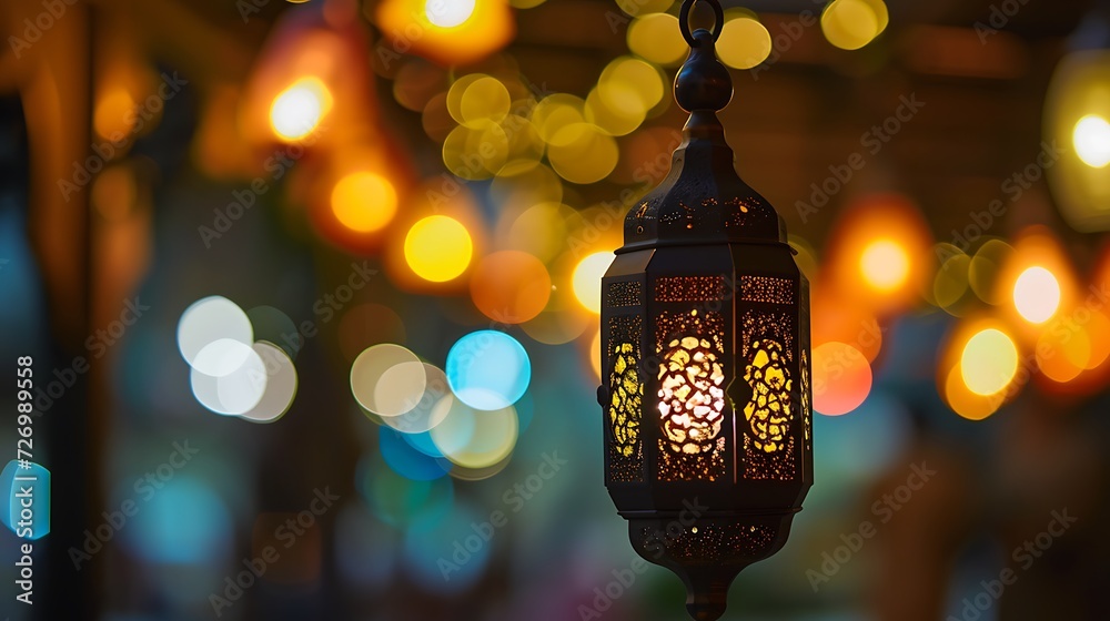 Hanging Ornamental Arabic lantern glowing in night invitation for Muslim holy month Ramadan Kareem Hanging Ornamental Arabic lantern glowing in night invitation for Muslim holy month Ramadan Kareem