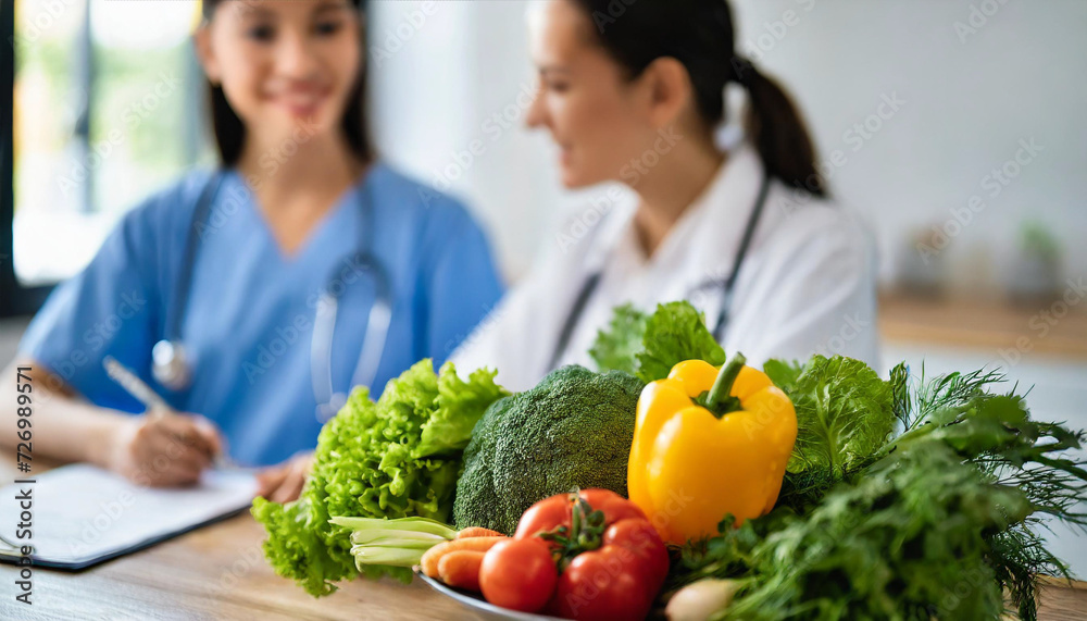 doctor advising patient on healthy eating. Vibrant veggies symbolize wellness, with a blurred background