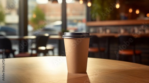 Disposable brown paper cup with a black lid on a wooden table inside a cozy cafe.
