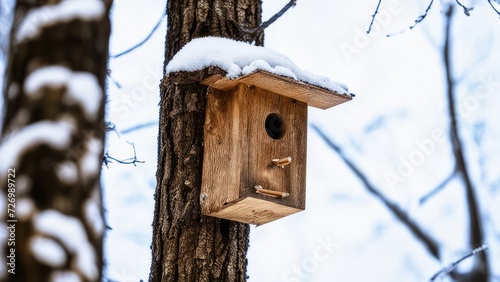 Wooden bird house on a tree in winter weather.