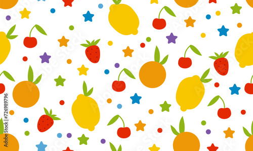 Colorful seamless pattern with fruits, berries and stars. Vector illustration