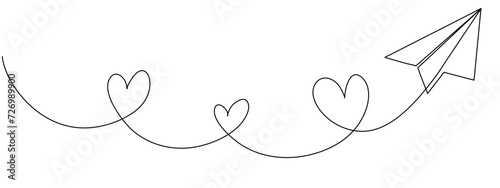 Heart symbol and paper airplane. Love voyage and travel concept. Valentine Continuous line art drawing vector illustration