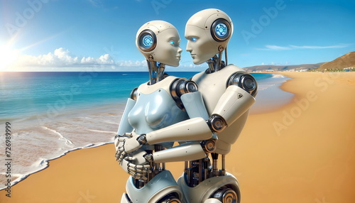 humanoid robot couple hug on sea sand beach © dobok