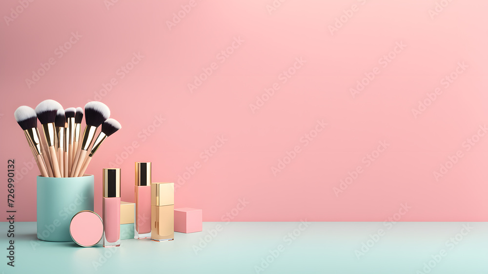3D beauty fashion banner template designed with makeup cosmetic tools. Minimal pink pastel background suitable for e commerce, social media, website banner. 3D beauty fashion banner template designed with makeup cosmetic tools. Minimal pink pastel background suitable for e commerce, social media, website banner.