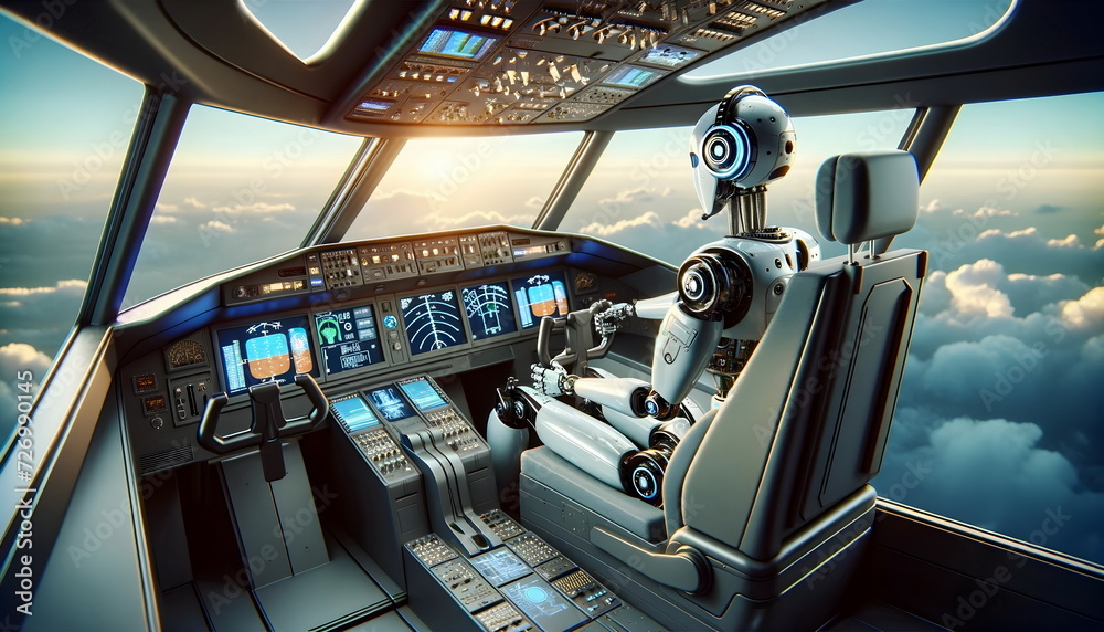 humanoid robot pilot drive an airplane