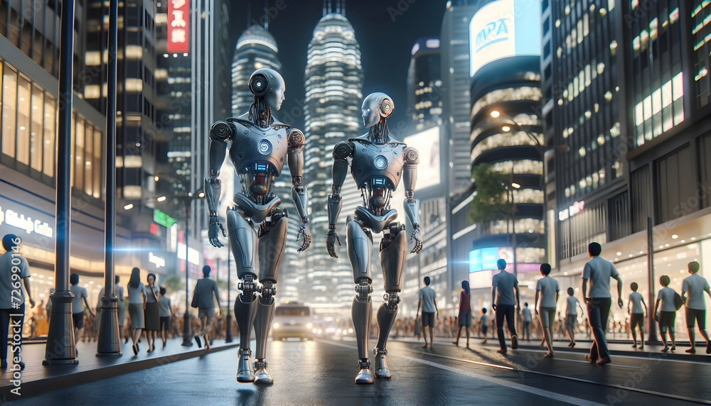 humanoid robot couple walk on city street