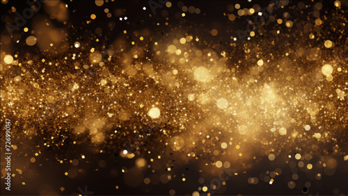  Abstract glow shiny golden glitter sparkle bubbles champagne particles stars on black background. 