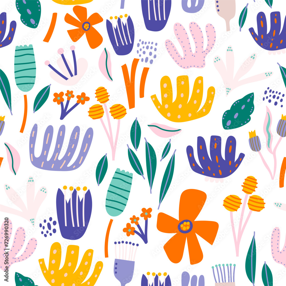 Seamless floral pattern with leaves, flowers and berries. Summer bright background. Perfect for fabric design, wallpaper, apparel. Vector illustration