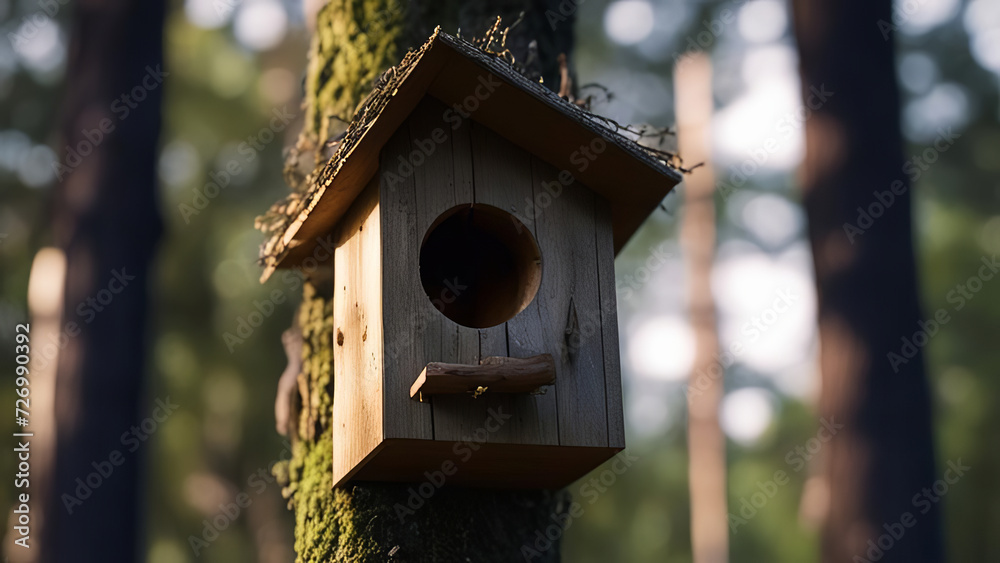 Taking care of birds, a wooden house in the forest on a tree.